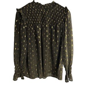 Elan Women's Blouse Small Gold Chiffon Smocked Ruffled Top Long Sleeve Shirt